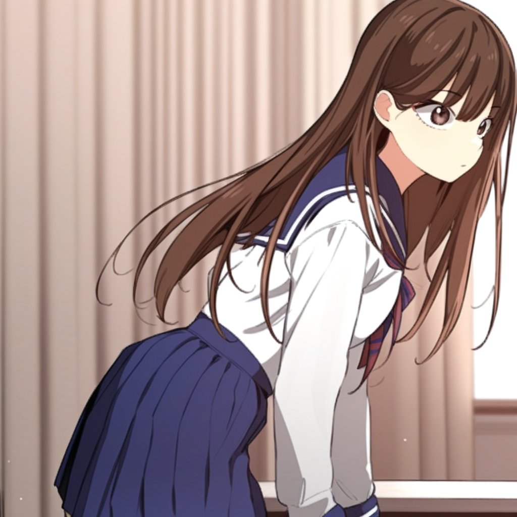 1girl, solo, long hair, bangs, skirt, brown hair, shirt, long sleeves, brown eyes, school uniform, pleated skirt, blue skirt