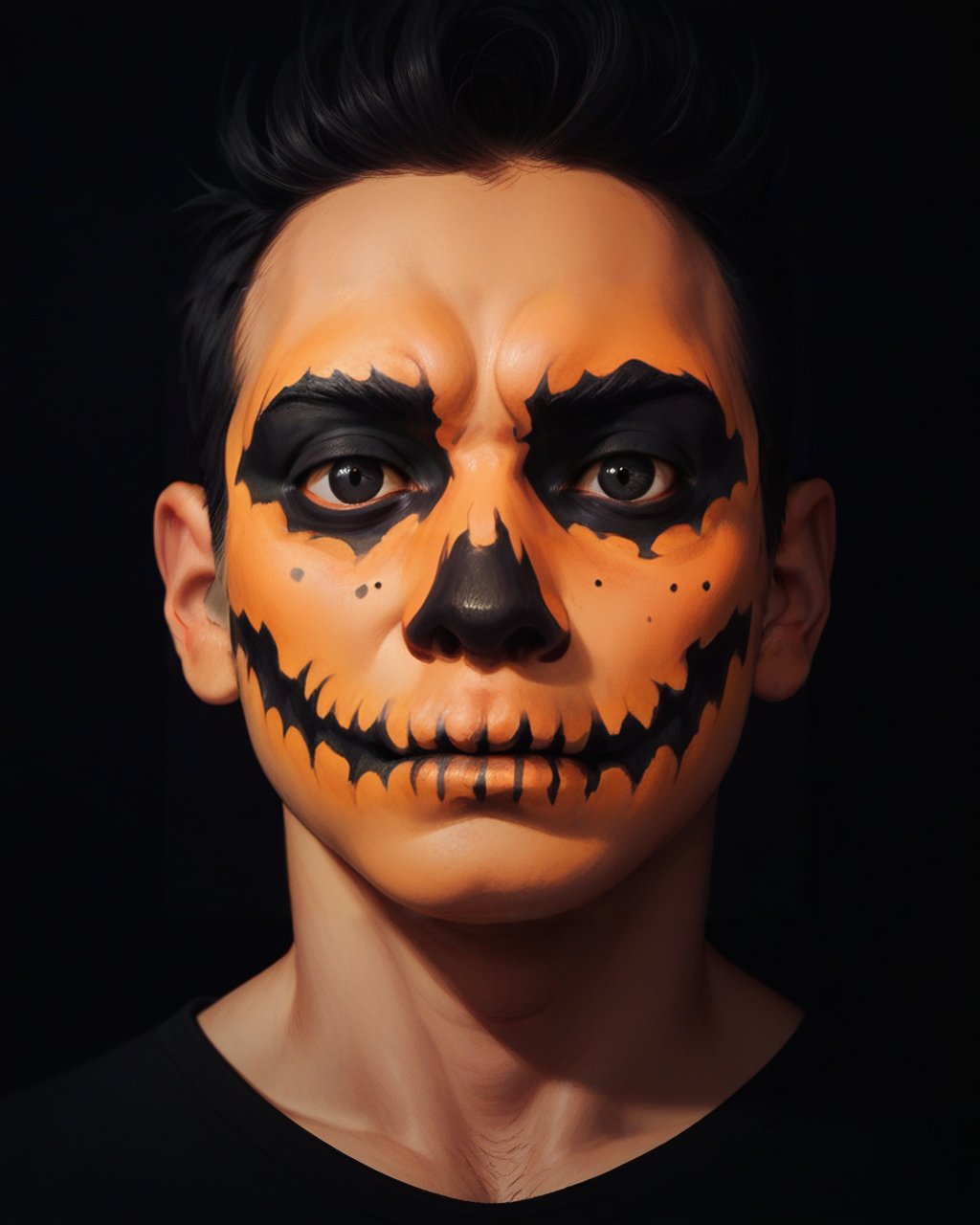 score_9_up, score_8_up, score_7_up, halloween makeup, solo, looking at viewer, black background, portrait, black hair, simple background, horror (theme), male focus, 1boy, pumpkin makeup, <lora:NeoNi_HMUP:0.7>