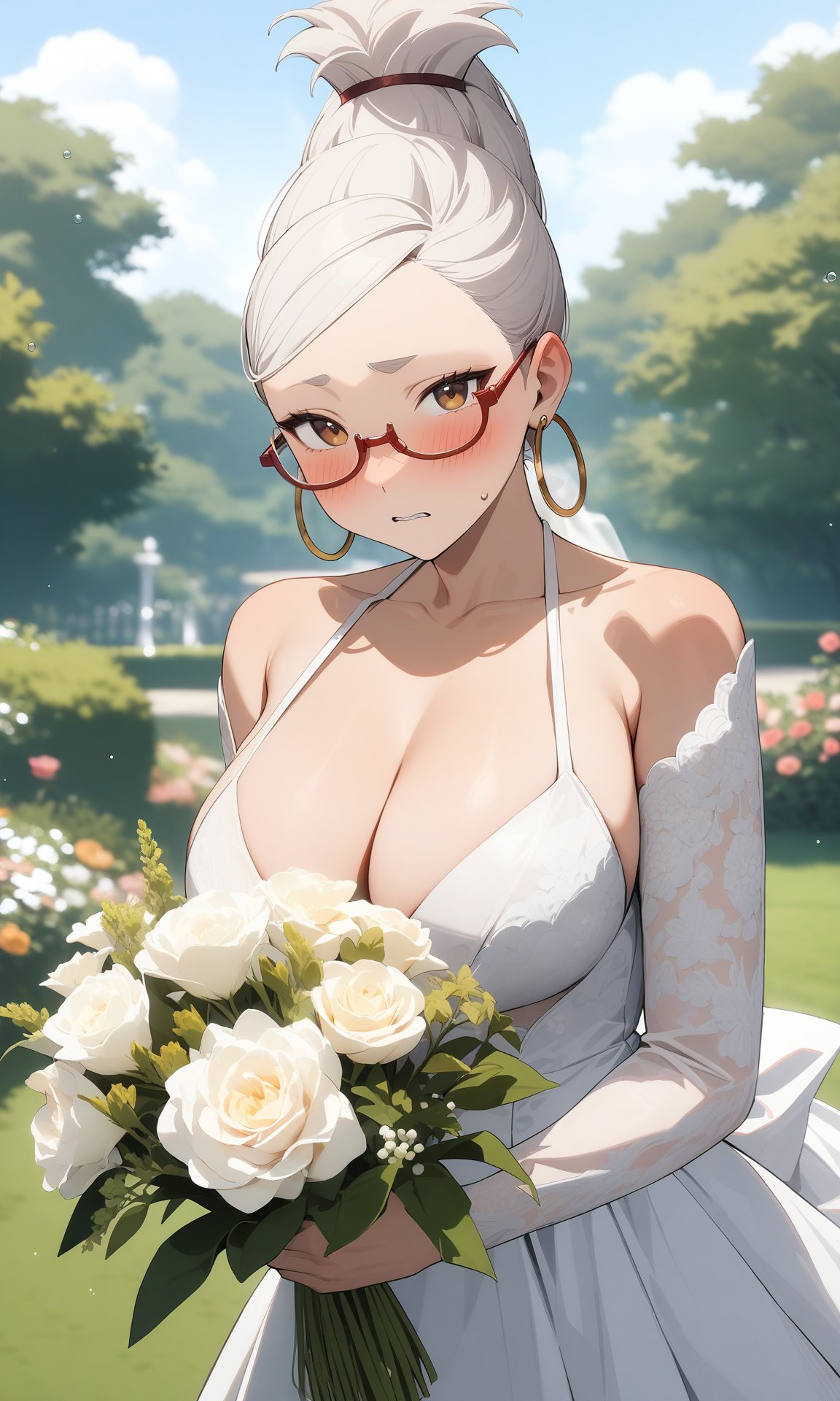 (masterpiece), (best quality), newest, (intricate details, very aesthetic), good hands, 1girl,   <lora:ayase_seiko-Animagine:1> seiko_wz, white hair, long hair, hair bun, single hair bun, large breasts, glasses, hoop earrings, wedding dress, sensitive, cleavage, outdoors, garden, blush, nervous, looking at viewer, cowboy shot, holding bouquet, flower