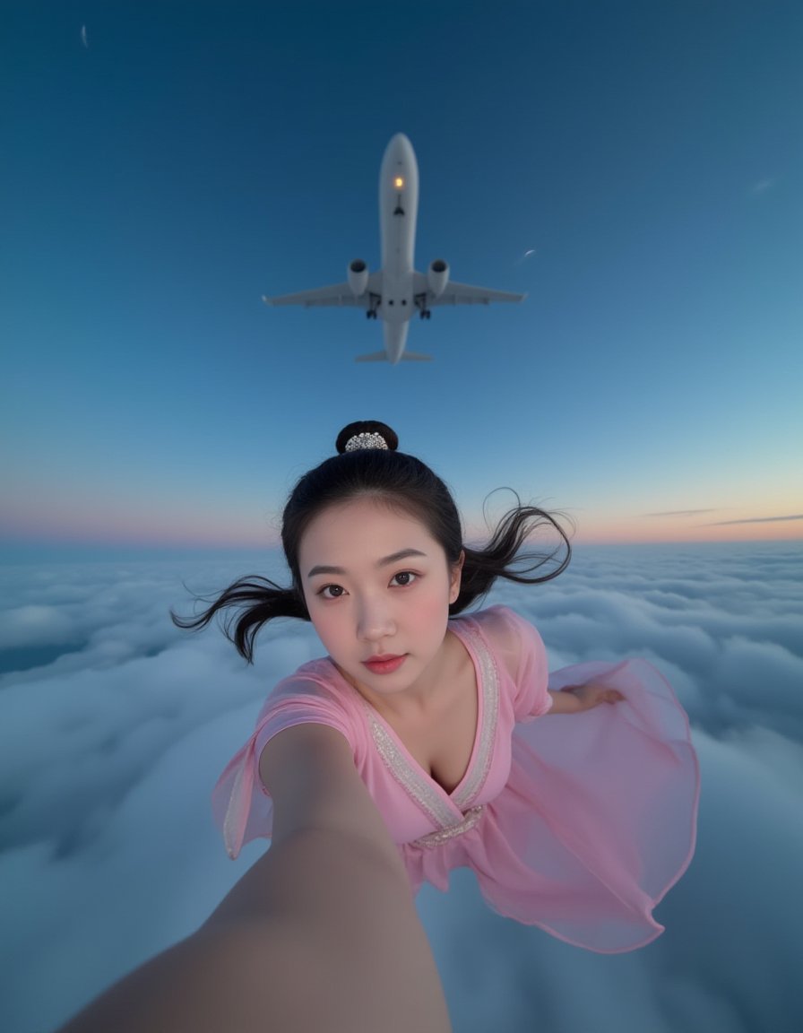 18-year-old cure beauty hanfu girl,close-up,aerial,a lot of wind,flying on the clouds,night sky moon,heavenly palace,curvy,focus on her face,(high speed flying girl:1.1),in the distance there is a plane leading to the flight,flight attitude,selfie,large_wings,shoulder-exposed hanfu,city in the air,low light,