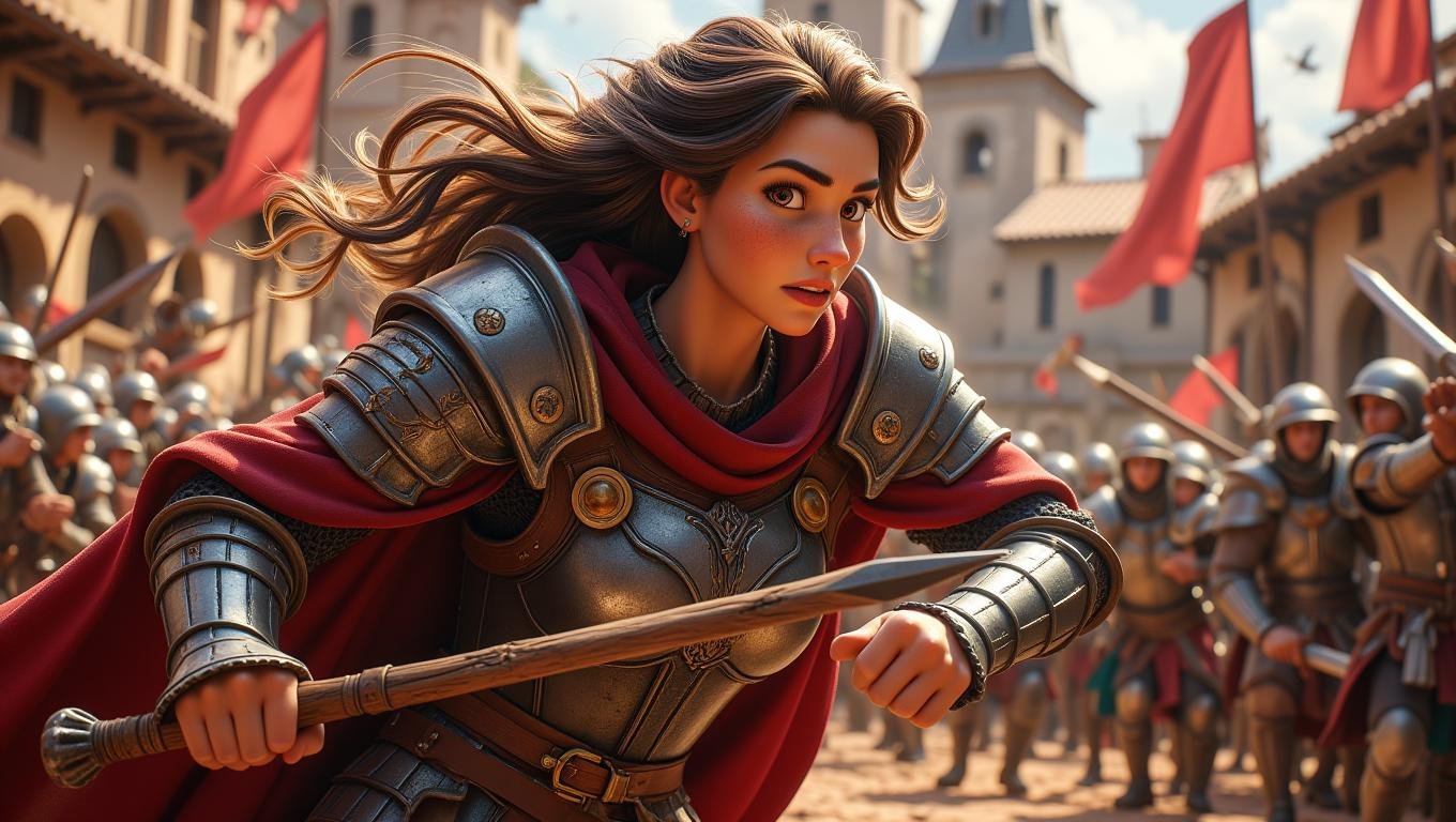 A fierce female warrior, clad in intricately designed armor, charges into battle with a determined expression. She wields a double-edged axe with expert precision, her long hair flowing behind her as she faces her enemies. The battlefield is chaotic, with clashing swords and flying arrows, but the warrior remains focused and unyielding. The style is dynamic and intense, emphasizing the warrior’s strength and the ferocity of medieval combat   <lora:Cute_3d_Cartoon_Flux:0.6>