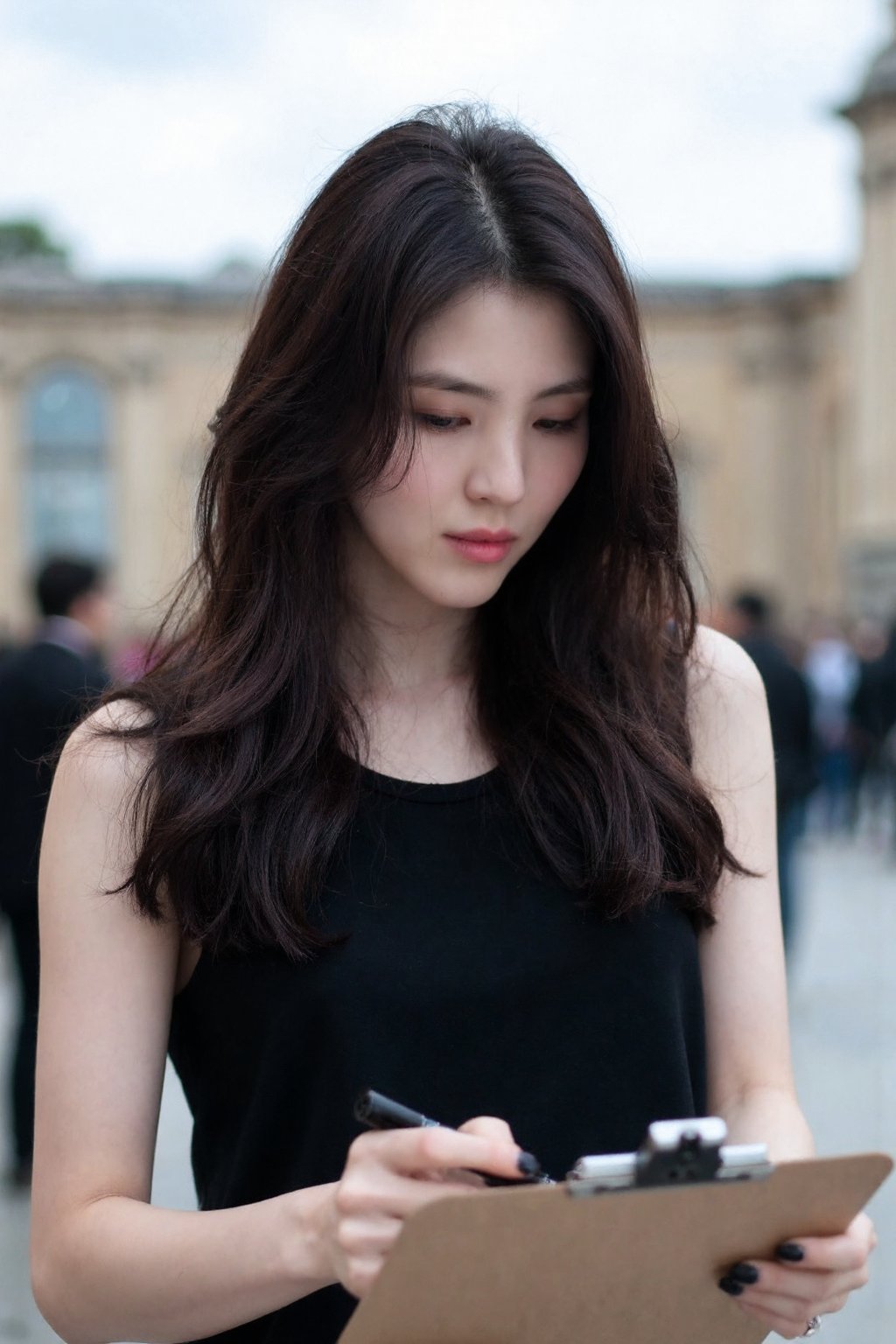 beautiful korean woman with long, wavy dark hair, standing outdoors wearing black tanktop. She appears to be signing something on a clipboard or similar surface. Her gaze is focused downward, and she has a black pen or marker in one hand, with black nail polish on her fingers. Her expression is slightly concentrated. Biting black marker cap.The setting seems to be in a public, urban space, as there are people in the background and architectural buildings with classical columns or arches, suggesting a city square or a notable location. The sky is clear with soft clouds, and there is a natural light enhancing the soft, candid tone of the image., <lora:flux_realism_lora:1>,  <lora:makinaflux_hansohee_v1.0:1>