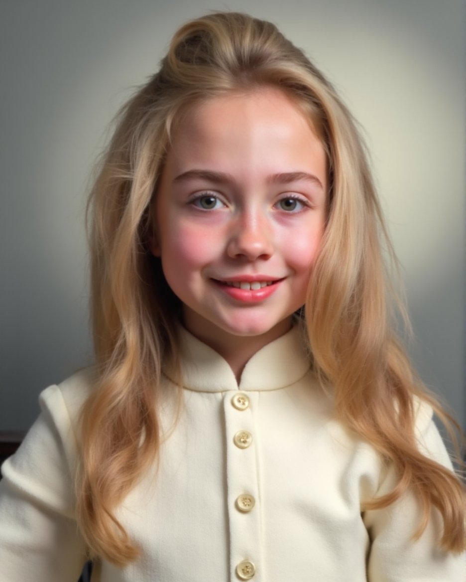 This is a 21st century high resolution photograph of a  girl with light skin and long, wavy, blonde hair that cascades past her shoulders. She has a gentle, slightly mischievous smile, revealing her teeth. Her eyes are wide open, and she looks directly at the camera. She is wearing a white, collared shirt with a slightly textured fabric that appears to be a blend of cotton and wool, as indicated by the subtle patterns and texture. The shirt has a high collar and is adorned with small, round buttons down the front. The background of the photograph is a soft gradient of light and dark shades, creating a smooth, blurred effect that keeps the focus on the girl. The lighting is even, casting a soft glow on her face and hair, highlighting her features and giving the image a timeless. The overall mood of the photograph is warm and nostalgic, capturing a moment of innocence and joy.,Hillary_Clinton, <lora:Hillary_Clinton_Flux_V1:1>