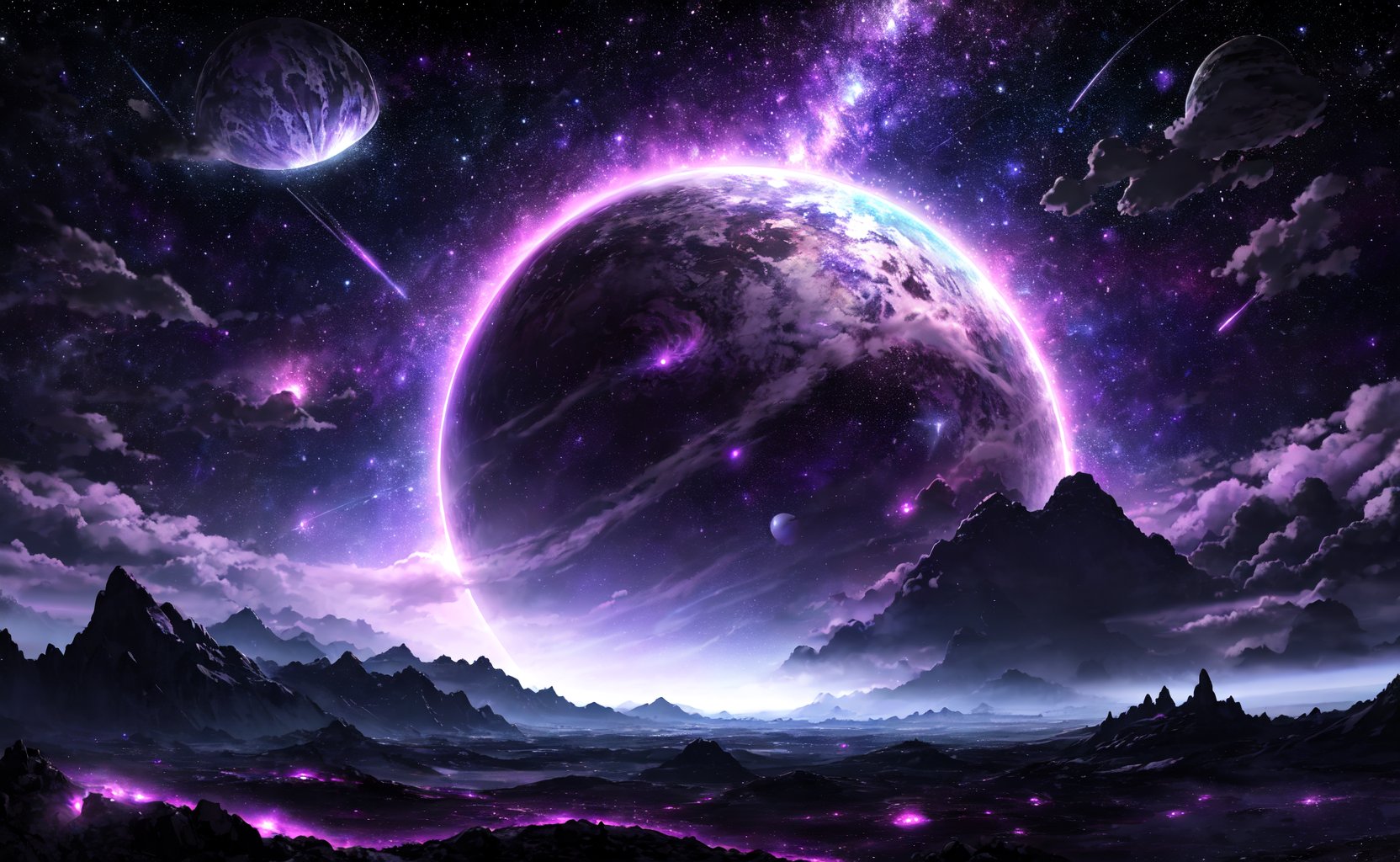 beautiful landscape, sky, atmosphere, clouds, purple rays, space, stars, blasted planet, purple huge planet, asteroids