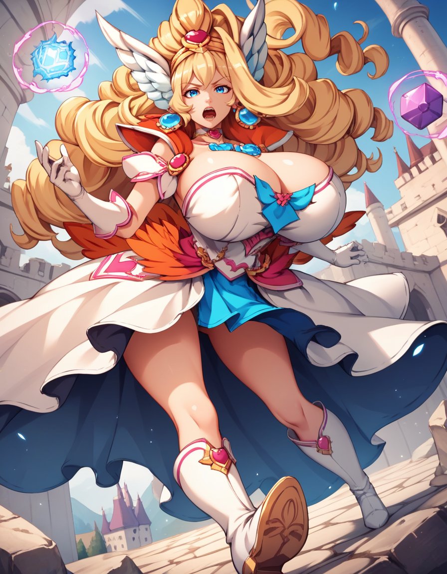 score_9, score_8_up, score_7_up,score_6_up, score_5_up, score_4_up , 1girl, solo, huge breasts,DianaAmanDG,long hair, blue eyes, blonde hair, white gloves, white boots, headdress,  jewelry, earrings,  choker, white footwear, open mouth,looking at viewer, magic, from below,fighting stance,castle, fantasy, light particles,  <lora:DianaAmanDG PonyXL v01-000003:0.90>