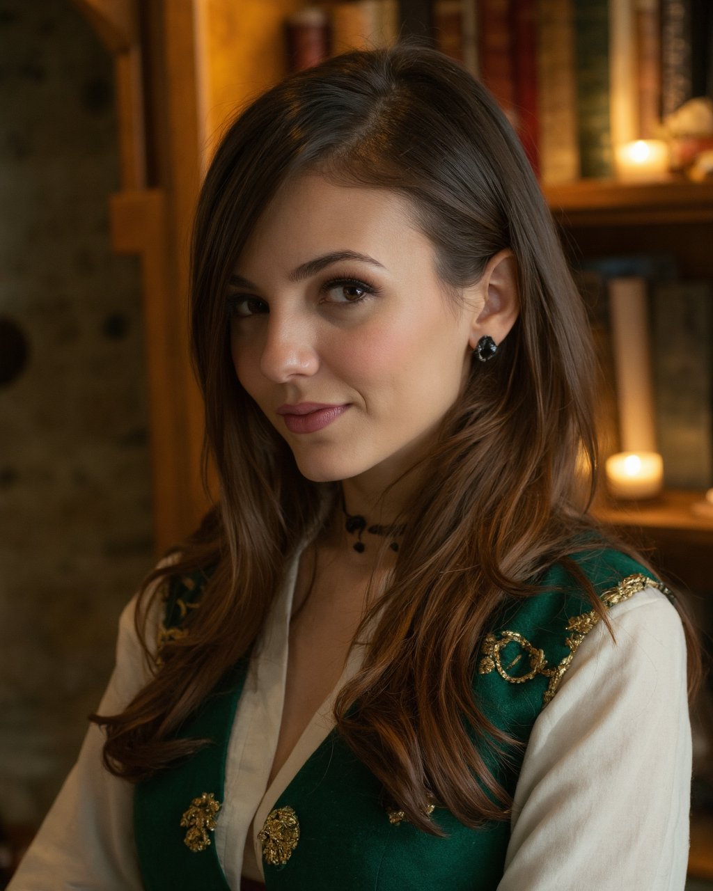 A detailed portrait of victoria_justice in a medieval setting. She has auburn hair and green eyes,  and wears a green vest...