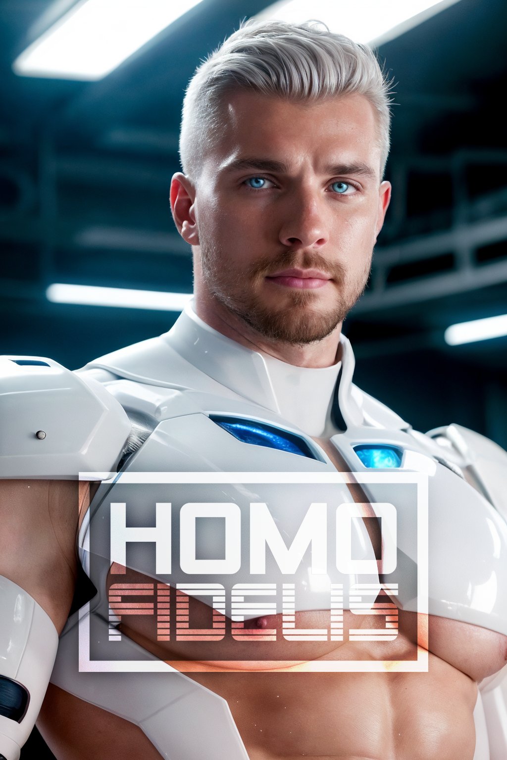 realistic, highly detailed, intricate details, detailed background, depth of field, portrait photo of a man wearing translucent white mecha power armor, 35 years old, glowing, cables, wires, futuristic lab background, upper body shot, science fiction, seductive, (platinum white hair), undercut hair, (white beard), TRON style, (glowing eyes), glossy, avant-garde, futuristic, muscular, (large pectorals:1.4), (puffy nipples:1.2), ((shirtless, nude:1.3)), HDR, perfect composition, color-graded, vivid details, natural lighting, volumetric lighting, sunlight, sweaty, looking at viewer, (sexy expression, tired expression:1.2), (furrowed eyebrows), (open mouth:0.8)