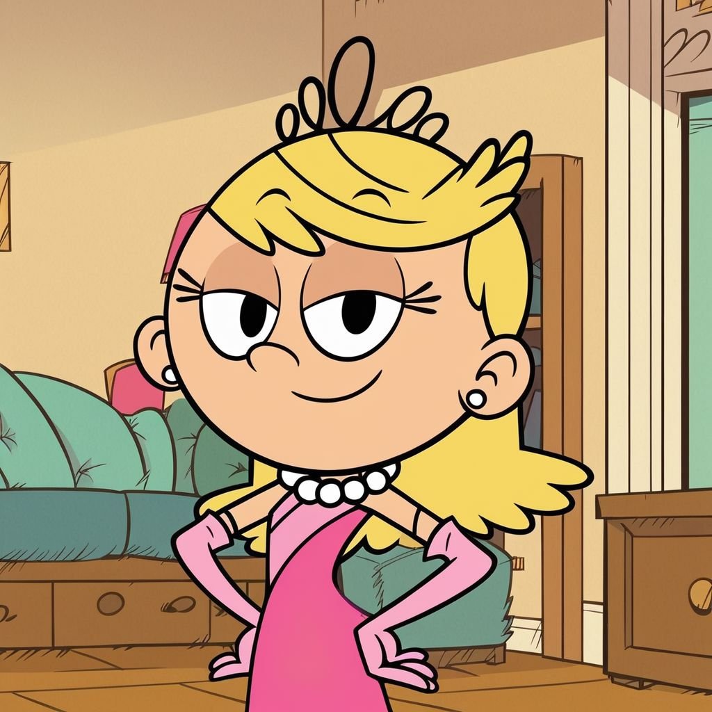 score_9, score_8_up, score_7_up, 1girl, solo, Lola Loud, blonde hair, long hair, black eyes,  looking at viewer, smile,  indoors, living room, hands on hips, Hot Pink dress, pink gloves, long gloves, pearl necklace, Tiara, short, show accurate