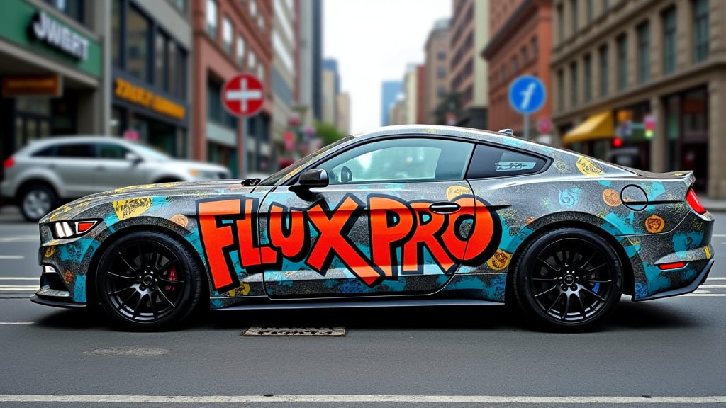 “Photo of a car in the city. On the car we see detailed EPIC graffiti, the graffiti text reads "FLUX PRO".”