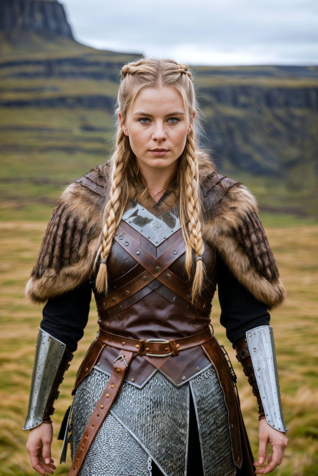 A high-resolution photograph of a Viking woman warrior, traditional Viking armor, leather tunic, chainmail, fur cloak, The overall mood is intense and adventurous, capturing the spirit of the Viking age, high-resolution, Viking warrior, traditional armor, intense, adventurous