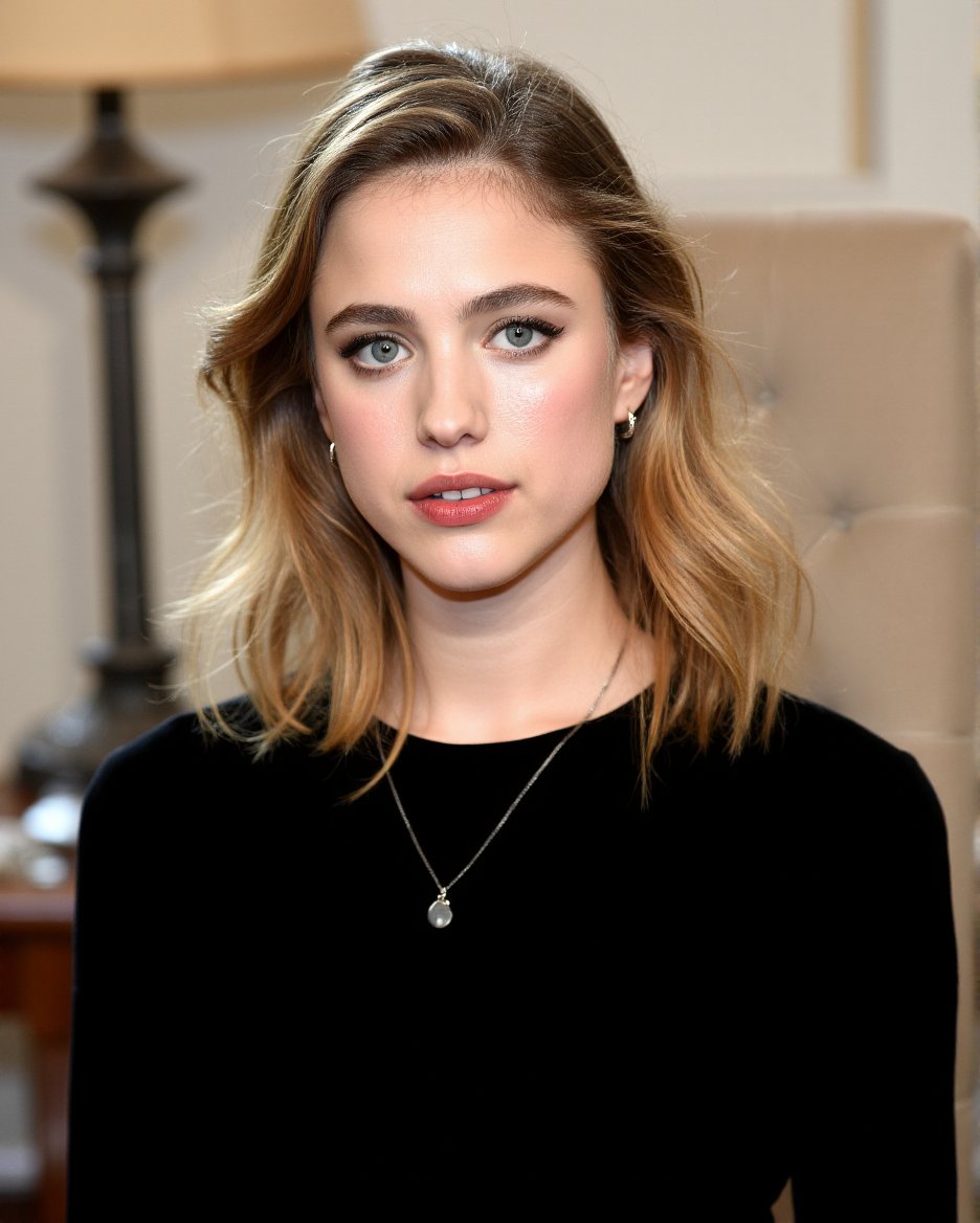 This is a high-resolution photograph of a young woman with a fair complexion and shoulder-length, wavy blonde hair that frames her face. She has striking blue eyes and a natural, light makeup look that enhances her features. Her expression is calm and slightly contemplative, with a subtle smile on her lips. She is wearing a simple, black, long-sleeved top made of a soft, textured fabric. Around her neck, she has a delicate silver necklace with a small, round pendant.The background of the image is softly blurred, suggesting that the photograph was taken indoors, possibly in a well-lit room. Behind her, there is a beige upholstered chair and a classic table lamp with a cream-colored shade, which adds a touch of warmth to the scene. The overall color palette of the image is neutral, with the focus on her natural beauty and the simplicity of her attire.The lighting is soft and natural, likely coming from a window on the left side of the image, which casts a gentle glow on her face and highlights her hair. The composition of the photograph is well-balanced, with the woman centered and the background softly out of focus, drawing attention to her serene and elegant appearance.,Jennifer Lawrence,<lora:Margaret_Qualley_Flux_V1:1>