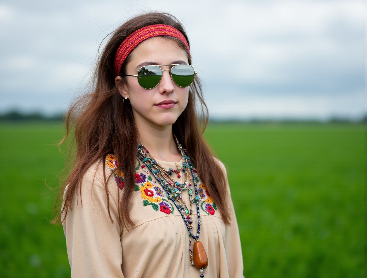 This is a vibrant photograph of a young woman standing in a lush, green field under a cloudy sky. She has long, wavy brown hair cascading over her shoulders, and she is wearing a headband with a zigzag pattern in red and orange. Her face is adorned with large, round sunglasses with a metallic frame, which reflect her surroundings, giving the image a slightly dreamy effect. Her skin is fair, with a scattering of freckles across her cheeks and nose. She has a relaxed, slightly pensive expression, with her lips slightly parted.Her attire is eclectic and bohemian. She wears a beige, long-sleeved top with intricate, colorful embroidery on the shoulders. Around her neck are multiple layers of beads and pendants, including a large, brown wooden bead and several smaller, colorful ones. Her left ear is adorned with a feather earring that adds to her bohemian look. The background features a vast, green field that stretches out to the horizon, where the sky meets the land, creating a soft, blurred effect. The overall mood of the image is serene and whimsical, capturing a moment of tranquility in nature.,Margaret Qualley,<lora:Margaret_Qualley_Flux_V1:1>