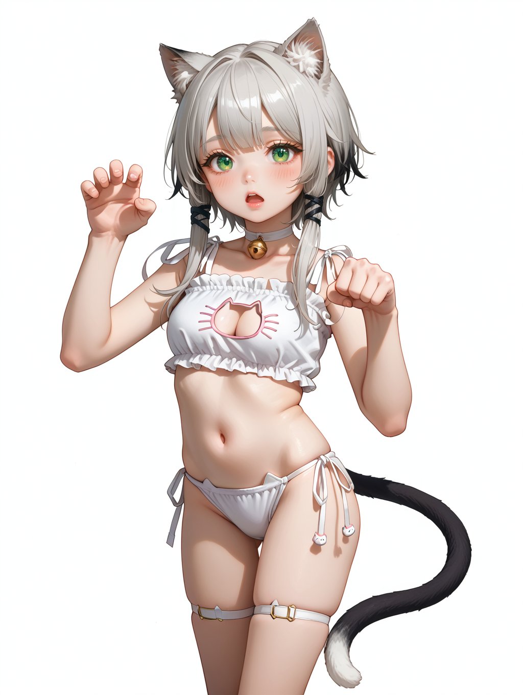 score_9, score_8_up, score_7_up,,1girl, white eyelashes, 1girl, animal ears, green eyes,cat ears, grey hair, cat girl, cat tail, tail, animal ear fluff, bangs,rosmontis,(aged down:1.4),medium breasts, cat lingerie, cat cutout, cat ear panties, frilled bra, side-tie panties, cleavage cutout, jingle bell, neck nell, navel, midriff, open mouth, blush, paw pose,white background,standing,cowboy shot,simple background,1girl,rosmontis \(arknights\),cat ears,cat tail,cat girl,white hair,green eyes,short hair with long locks,white eyelashes,colored eyelashes,(aged_down:1.4),legs ribbon,legs straps,