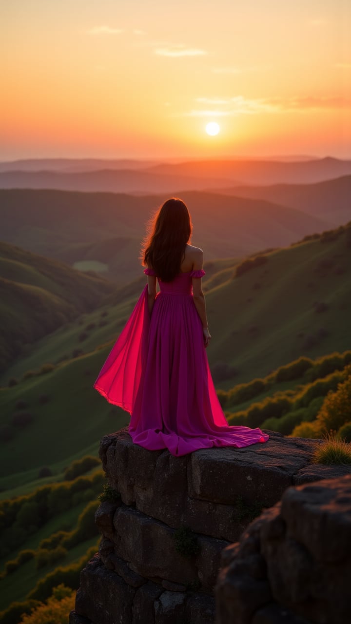 stylized by conrad roset and greg rutkowski, A regal figure shift dressed in a flowing magenta shift dress stands on the edge of a cliff, gazing out at the vast expanse of greenery. The sun is setting, casting a warm orange glow over the scene. in focus, 800mm lens, aidmaimageupgrader