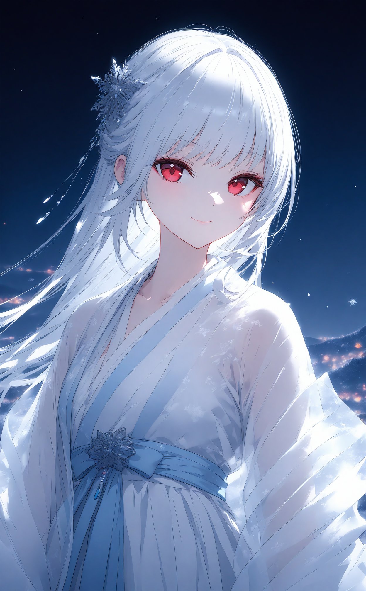 (masterpiece),(best quality),illustration,ultra detailed,hdr,Depth of field,(colorful),night,1girl,solo,red eyes,looking at viewer,hair ornament,upper body,white hair,blurry,bangs,see-through,depth of field,hanfu,smile,floral print,closed mouth,small_breasts,loli,arm_ribbon,white upper shan,white chest po skirt,light blue waistband,white pibo,in winter,snowflakes,hills,