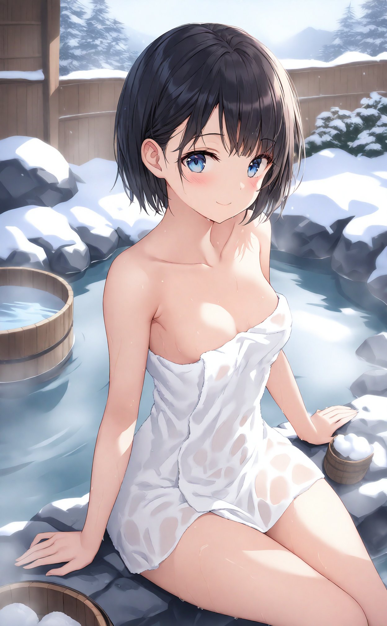 (masterpiece),(best quality),illustration,ultra detailed,hdr,depth of field,(colorful),1girl,towel,solo,naked towel,blue eyes,black hair,looking at viewer,onsen,smile,short hair,sitting,bucket,outdoors,breasts,bare shoulders,water,closed mouth,collarbone,wet,wooden bucket,thighs,arm support,snow,day,rock,blush,blurry,small breasts,