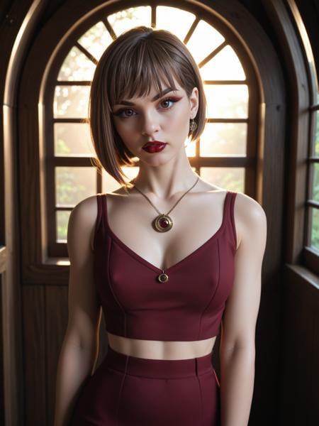 Stable_Yogis_PDXL_Positives a solo, beautiful 21 y.o woman,    , skirt ,   at a treehouse ,  ambient lighting ,   wearing a amulet , carrying light eye liner ,  with burgundy  sheer lipstick ,  stylish  light brown long hair pixie cut ,   wispy bangs ,  contempt ,  dark brown eyes , graphic eyeliner, 