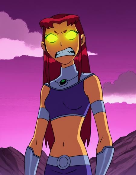 StarfireTT, solo, glowing, glowing eyes, , long hair, 1girl,, orange skin, red hair, sky, night,angry, clenched teeth,clenched hands,   cloud  score_9, score_8_up, score_7_up, score_6_up, score_5_up, score_4_up, <lora:StarfireTTPony:1> starfirett, 1girl, red hair, solo, long hair, orange skin, armlet, gorget, crop top, midriff,