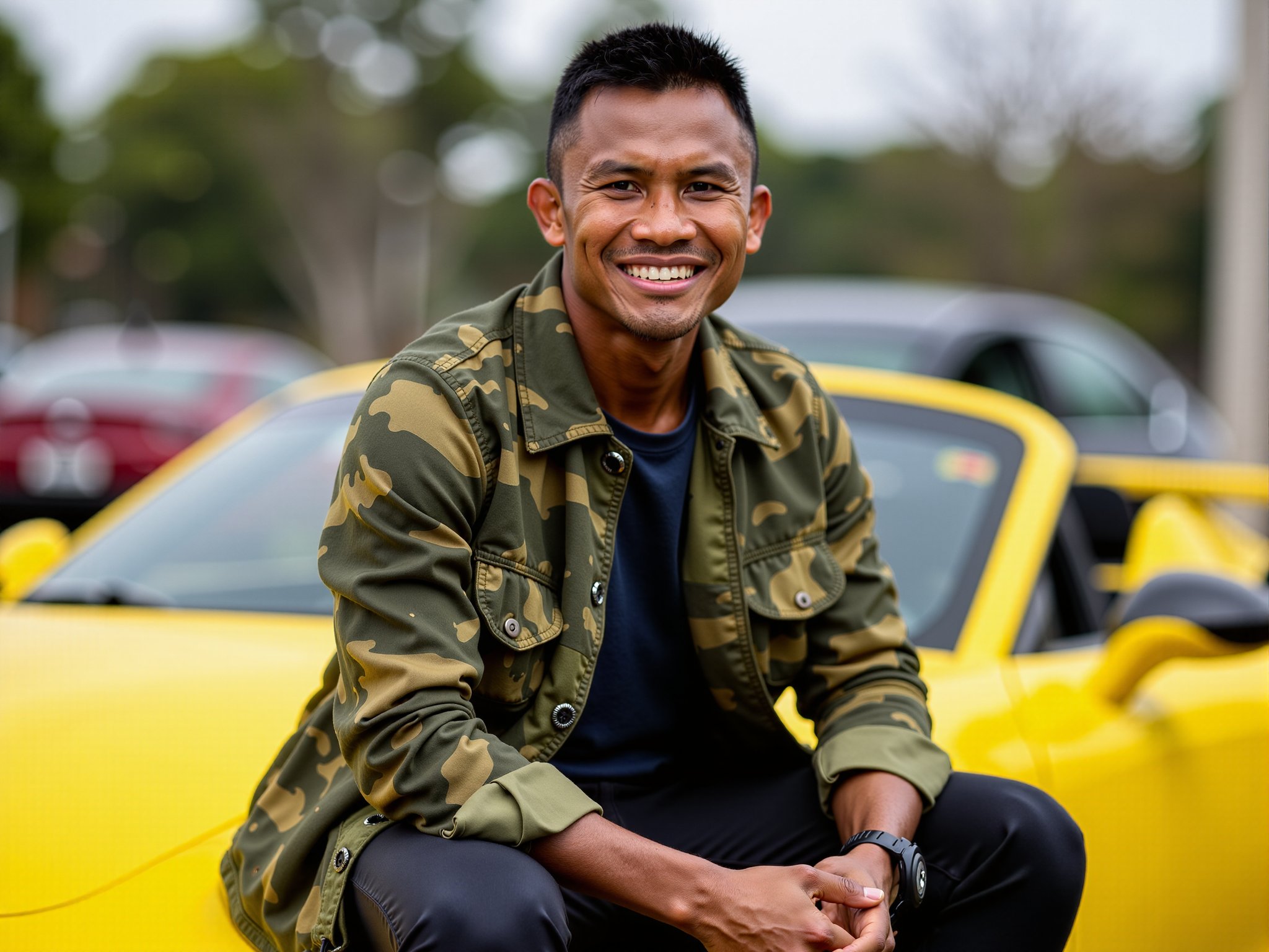 A realistic candid photo of Buakaw Banchamek. He's smiling, posing for a picture with his yellow Porsche 911. He wore a camouflage jacket.<lora:BuakawF1_SET1_32_x32:0.9>