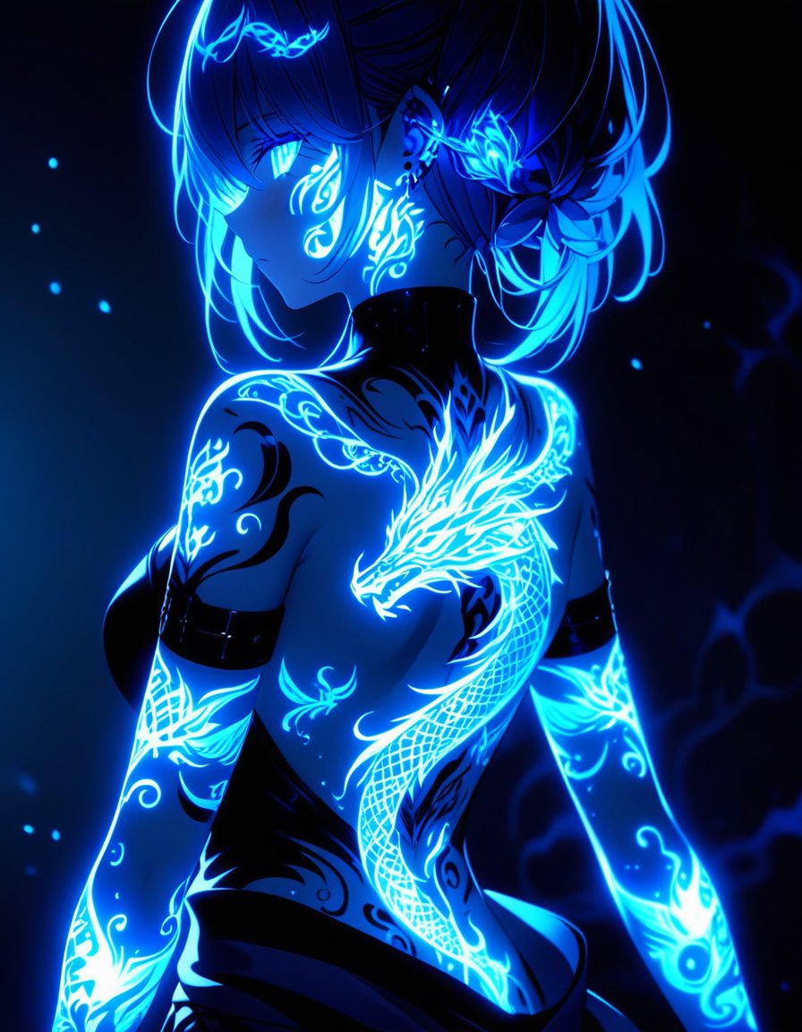 <lora:g1owingtatt00:0.75>, A full body 3D CG ART anime-style character with glowing blue tattoos covering their arm and face and back, emitting a mystical and ethereal glow. The tattoos are the same neon blue as the character's piercing eyes, which match the soft, shadowy lighting. The background is black.