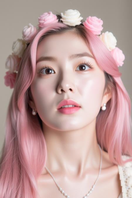 a high-resolution, softly lit photograph featuring a young Asian woman with a delicate, ethereal appearance. She has long, wavy hair in a soft pink hue, styled with soft color wreath that frame her face. Her skin is a smooth, pale complexion, and her eyes are a striking feature, with a subtle, shimmery effect that catches the light. Her lips are painted a soft, muted pink, and she wears a delicate, beaded necklace around her neck. The background is a soft, creamy white, which helps to emphasize the subject's delicate features and the soft pastel colors of her hair and accessories. The image is rich in texture and detail, with a focus on the subject's serene and dreamy expression. The overall aesthetic is whimsical and romantic, evoking a sense of innocence and vulnerability. The photograph's soft focus and pastel colors create a dreamy, ethereal atmosphere, perfect for a fantasy or fairy tale-inspired setting. The subject's delicate features and accessories, such as the floral headpiece, add to the enchanting and otherworldly quality of the image. The style is reminiscent of high-fashion photography, with a focus on delicate, feminine beauty. <lora:Tissue_Irene_Flux_v1.0-LowRep:1>