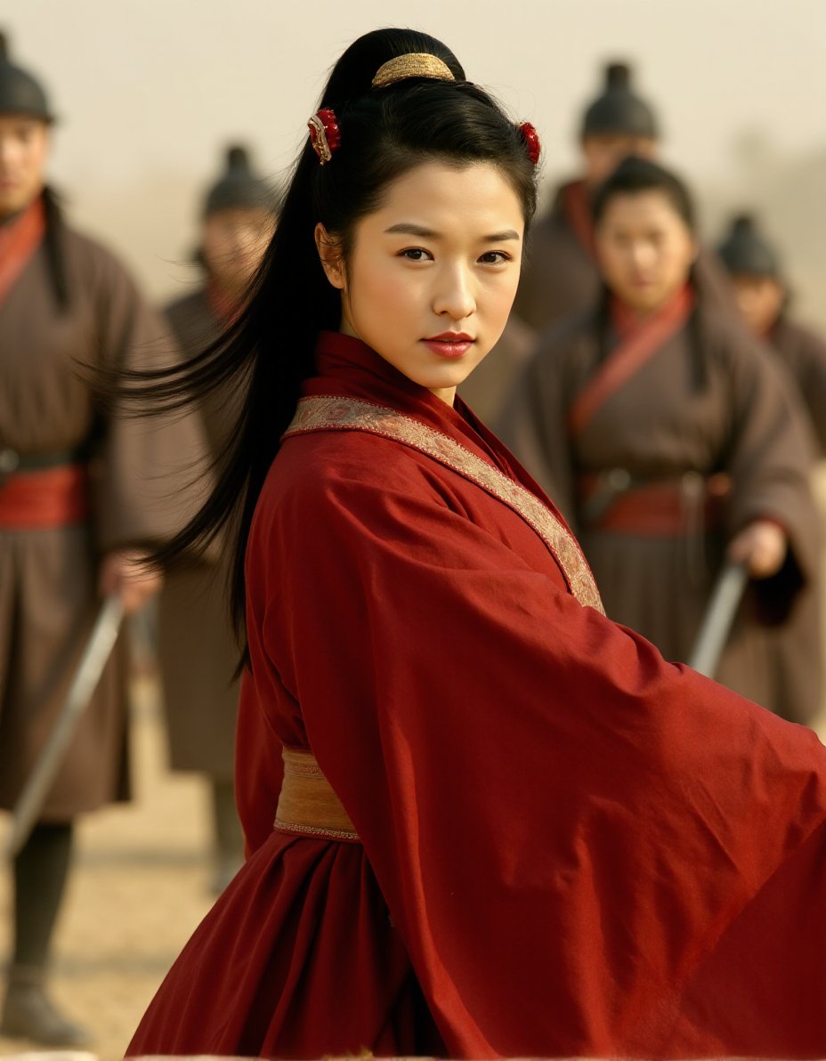 This is a high-resolution photograph capturing a dramatic scene from a historical Chinese epic. The central figure is a young woman with fair skin and an elegant, serene expression. She has long, dark hair styled in an elaborate updo adorned with red hairpins. Her attire is traditional Chinese, consisting of a rich, deep red, flowing robe with wide sleeves, and a matching red scarf wrapped around her neck. The fabric appears to be made of a soft, textured material that drapes gracefully, enhancing her regal presence.She is poised in a powerful, dynamic pose, almost commanding gesture, while her left arm is slightly bent at the elbow, adding depth and movement to the image. Her makeup is subtle yet sophisticated, with a focus on natural beauty, featuring a light blush and bold red lipstick that complements her attire.In the background, there are other figures, slightly blurred, suggesting motion and depth. They appear to be warriors, dressed in similar traditional attire, with one of them holding a sword. The setting is a dusty, arid landscape, possibly a desert or a rugged terrain, with a hazy, smoke-like effect adding to the atmosphere of tension and adventure.,weixiaojun,  <lora:WeiXiaoJun_Flux_V1:1>