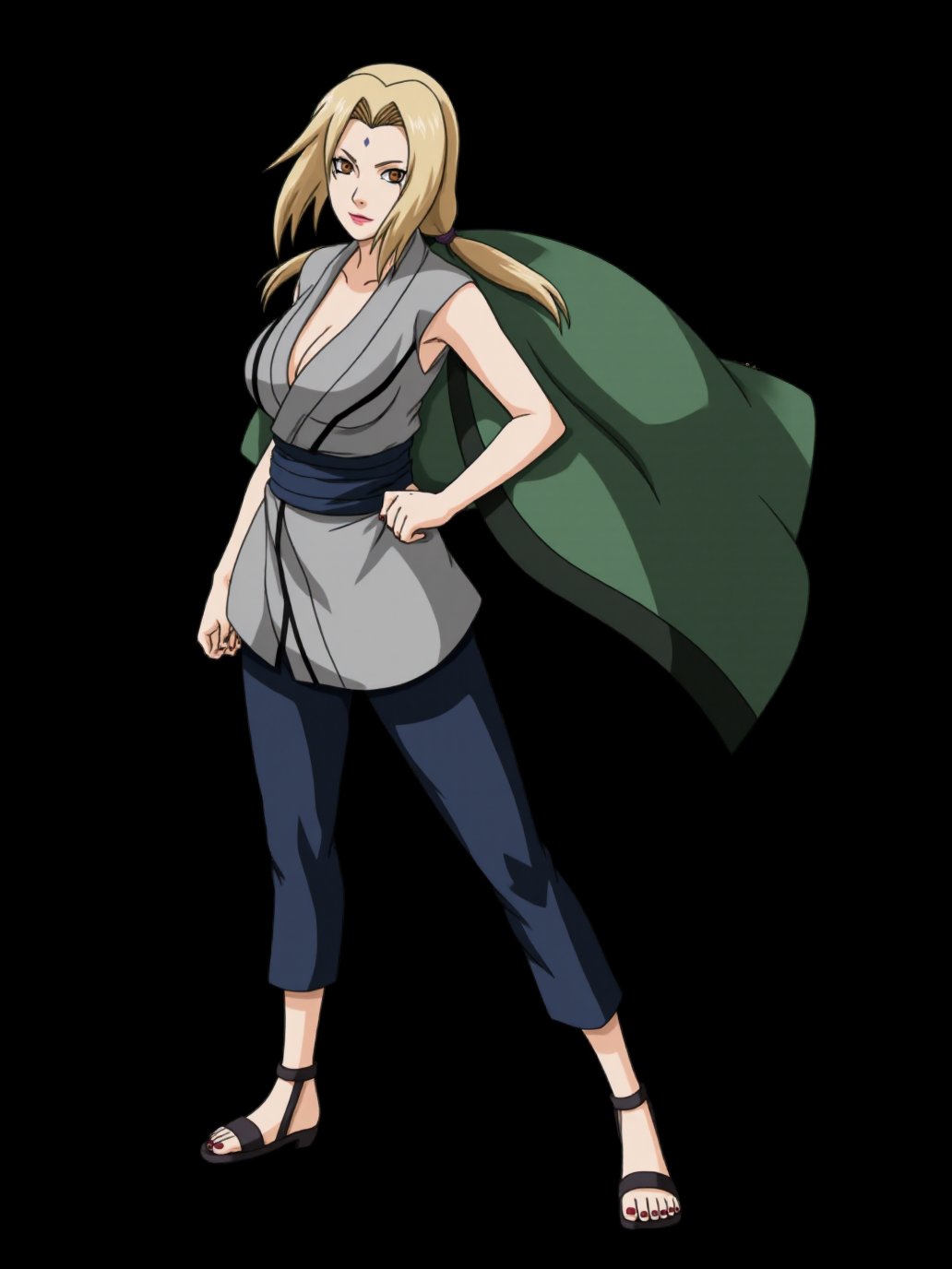 This image is a digital drawing of a female character from the anime series "Naruto," specifically depicting Hinata Hyuga. The character is depicted in a dynamic pose, standing confidently with her left hand on her hip and her right arm raised, as if ready to strike. She has long, straight, blonde hair that cascades down her back and shoulders. Her eyes are a striking yellow, and she has a serene, determined expression on her face.Hinata is dressed in a traditional ninja outfit consisting of a sleeveless, gray, form-fitting top with a high neckline and a dark blue, wide sash tied around her waist. She also wears dark blue, loose-fitting pants that end just above her ankles. On her feet, she has black, open-toed sandals. She carries a large, green cloak draped over her right shoulder, which flows behind her, adding a sense of movement and power to her stance.The background is entirely black, making Hinata the focal point of the image, and highlighting the intricate details of her outfit and the sharpness of her features. The style of the drawing is typical of anime art, characterized by clean lines, vibrant colors, and exaggerated facial expressions.,tsunade,<lora:Tsunade_Flux_V1_r1:0.9>