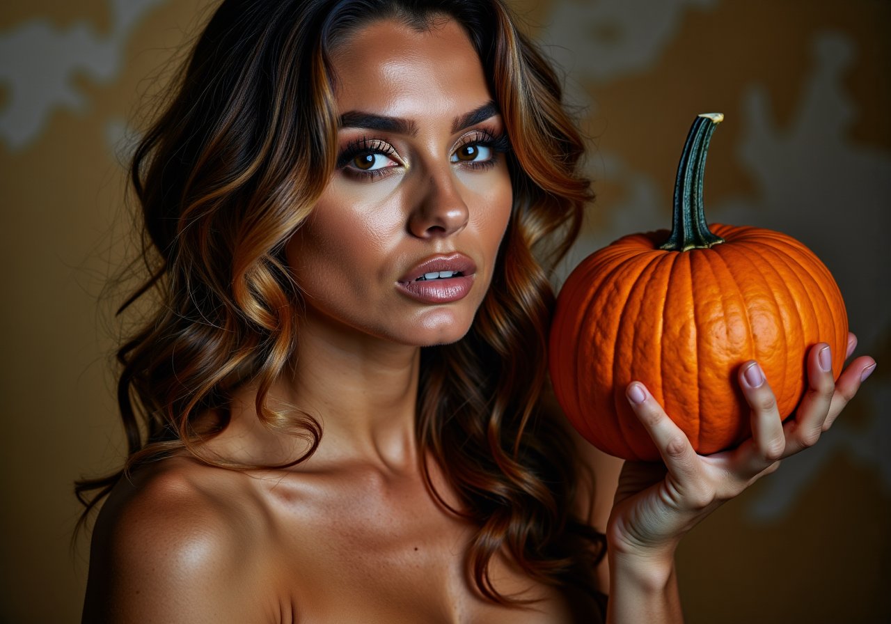 A naked woman holding pumpkin