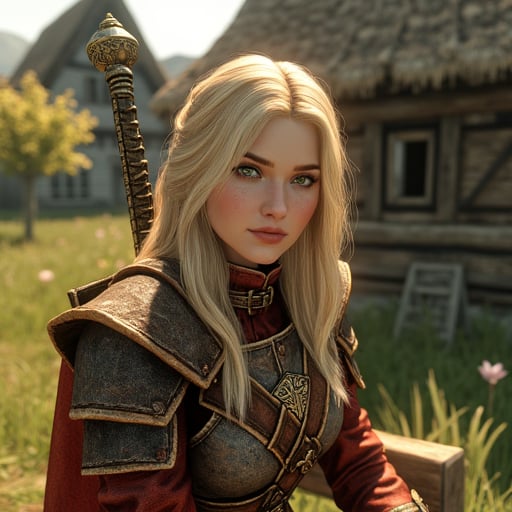 A blonde femalebreton beauty sits outdoors in a rustic Skyrim village wearing Skyrim armor, surrounded by thatched roofs and lush greenery. The sun casts a warm glow on her porcelain skin as she gazes directly into the camera lens, her piercing dark green eyes sparkling with a hint of mischief. Her raven tresses cascade down her back like a waterfall, framing her heart-shaped face. A gentle smile plays on her lips, inviting the viewer to step into her whimsical world.,femalebreton