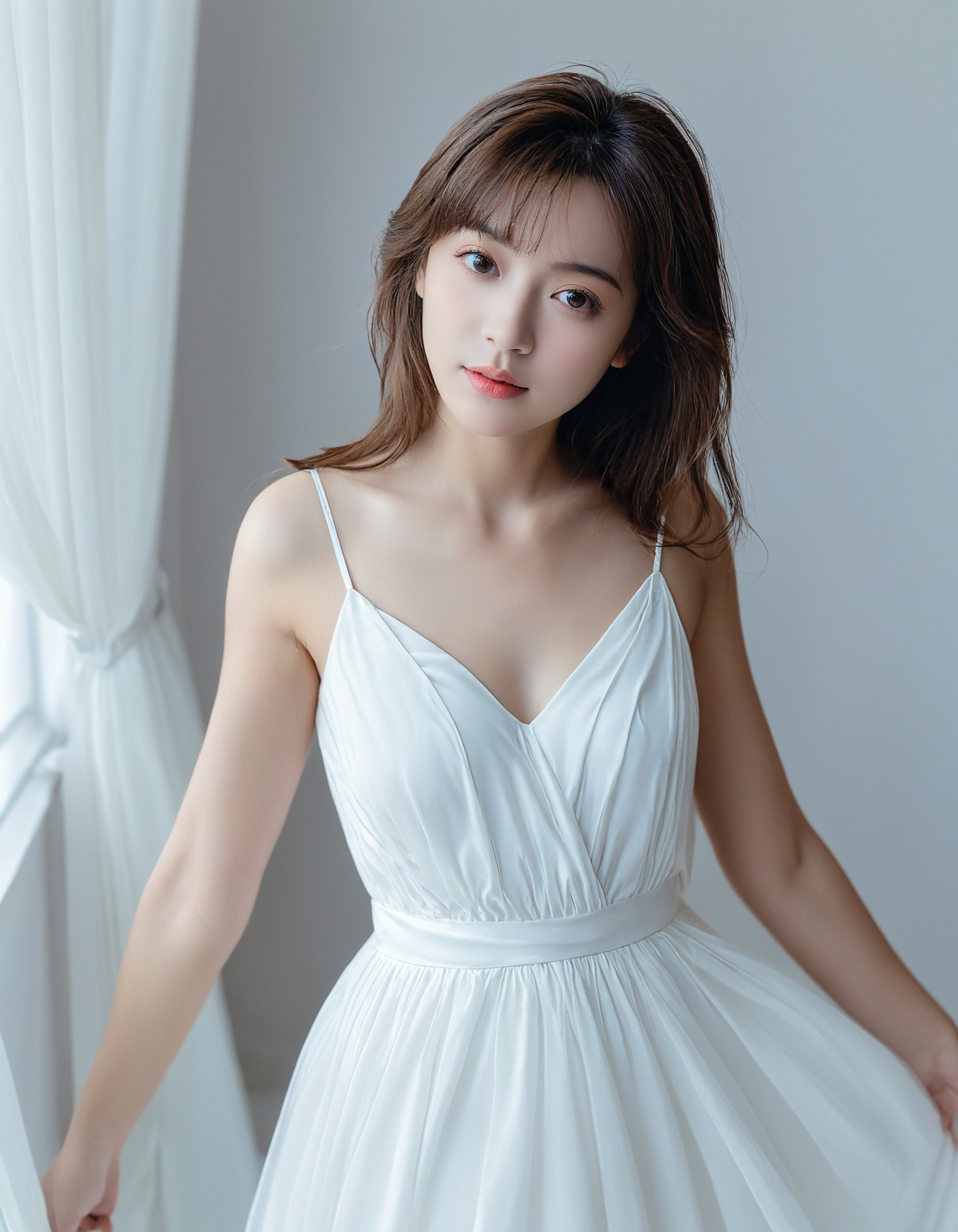 Best quality, masterpieces, raw photo of a adult girl in white dress