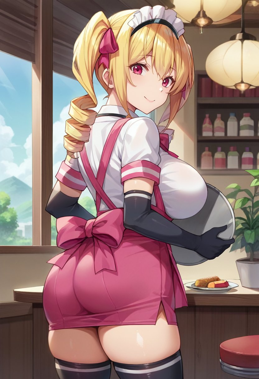 (looking at viewer, smile, happy, cowboy shot),(holding tray, tray), (scenery, plant, food, window, potted plant, indoors, cafe, restaurant), solo, <lora:maidNatsuki-10:1> NatsukiMaid, blonde hair, long hair, twintails, drill hair, twin drills, pink eyes, large breasts,  voluptuous, pink ribbon, hair ribbon, maid headdress, white shirt, pink suspenders, elbow gloves, black gloves, miniskirt, pink skirt, pink bowtie, pink apron, black thighhighs, skindentation, ass, 16k, masterpiece, absurdes, highly detailed, highres, high quality, best quality, score_9, score_8_up, score_7_up, score_6_up, source_anime, anime screencap, anime colouring, cel shading, shiny, shiny skin, shiny hair