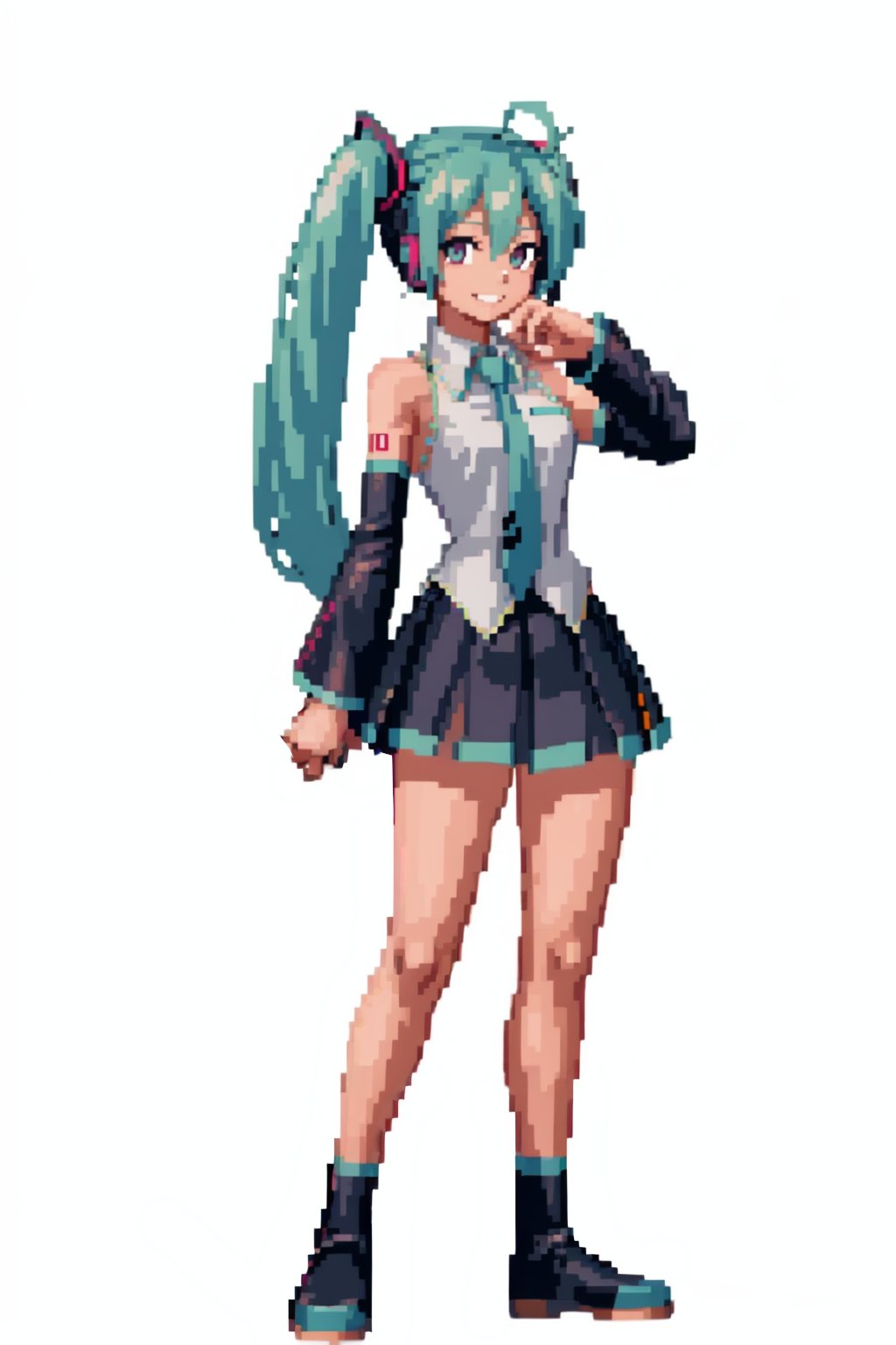 masterpiece, best quality, solo, 1girl, smile, looking at viewer, <lora:SNK-Kof_sprites_Fp:0.8>, simple background, full body, standing, hatsune miku, white background, 