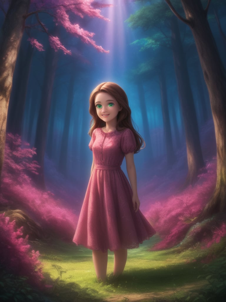 intricate details, extreme detail, Detailed face, beautiful, Expressive,very aesthetic, colorful, lots of small parts, surreal, abstract,ray tracing, dynamic lighting,forest, sky,cute, solo,(Mabel), female, standing, happy,green eyes, brown hair, long hair,