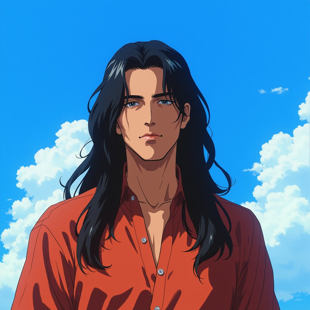 archi_retro,a man with long black hair standing in front of a blue sky with white clouds in the background