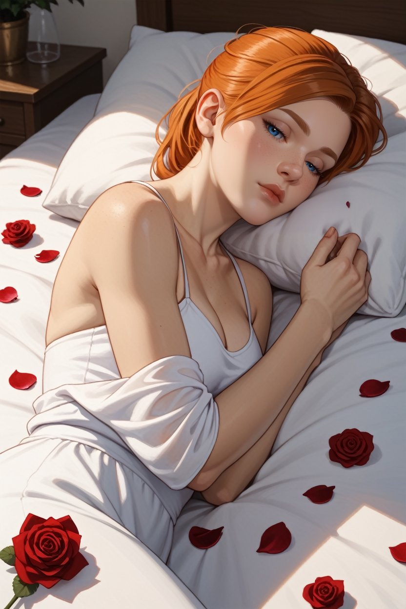 score_9, score_8_up, score_7_up,<lora:SpiderMaryJ:0.8>SpiderMaryJ, 1girl, orange hair, blue eyes, looking at viewer, sleeping in a bed, rose petals, closed eyes