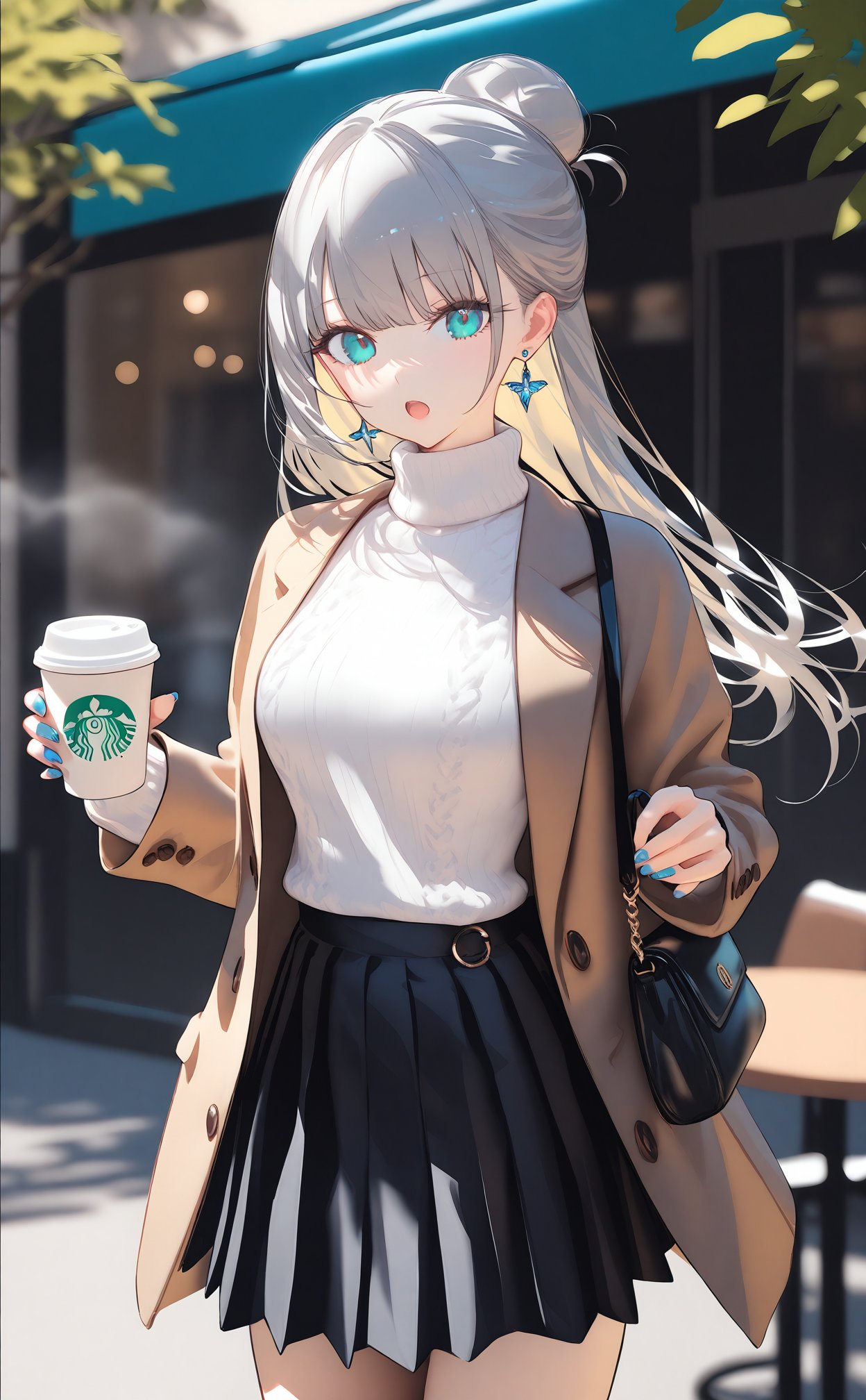 masterpiece,bestquality,crisp,line art,line style,depth of field,1girl,solo,skirt,long hair,holding cup,outdoors,street,cafe,looking at viewer,bangs,handbag,cafe,table,jewelry,earrings,disposable cup,long sleeves,tree,jacket,turtleneck sweater,pleated skirt,medium breast,grey hair,shoulder bag,hair bun,cowboy shot,steam,white sweater,open clothes,coffee cup,black skirt,open mouth,aqua eyes,blue nail,day,standing,ribbon,brown jacket,