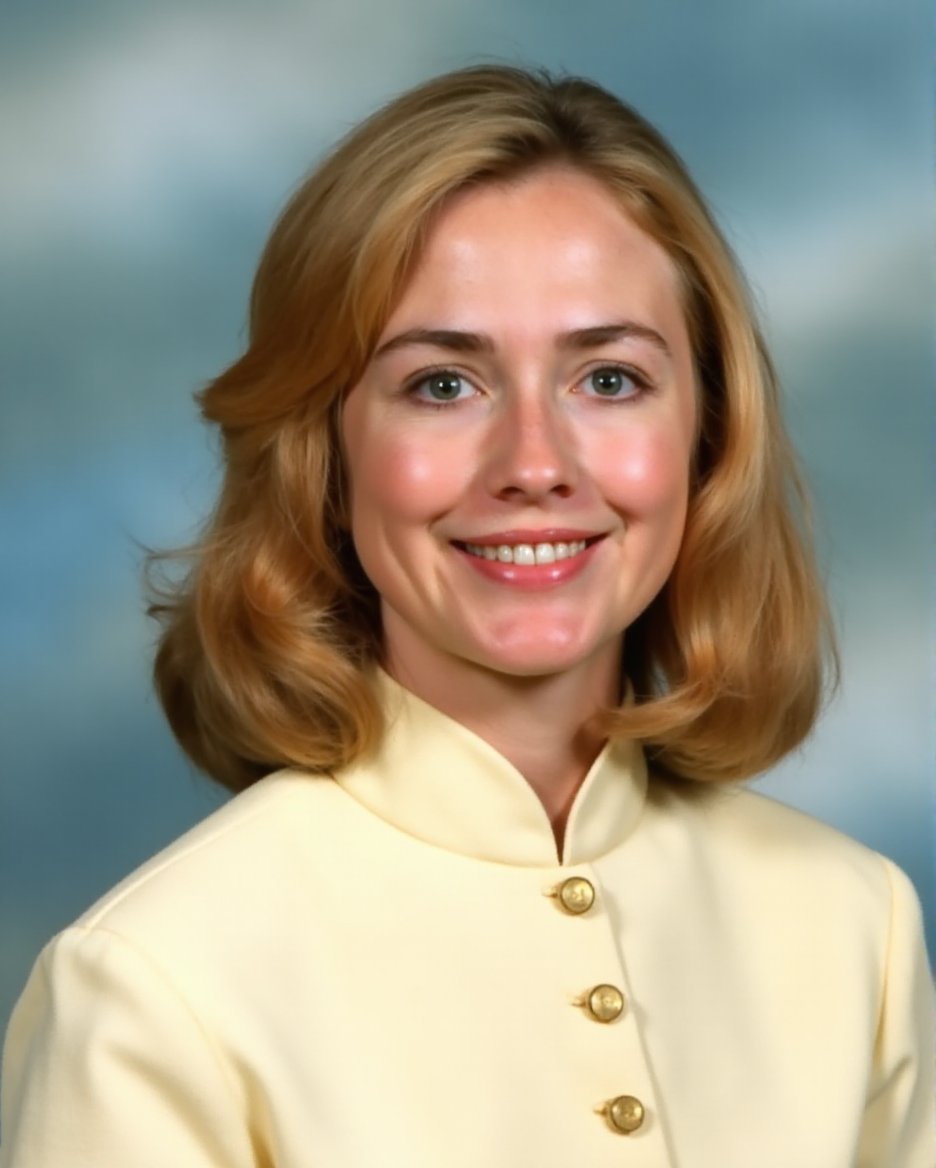 This  photograph features a woman with a warm, gentle expression. She has shoulder-length, wavy blonde hair that frames her face softly. Her eyes are wide and bright, and she has a slight smile on her lips, revealing her teeth. She is wearing a light-colored, high-collared dress with a pattern of small, round buttons down the front. The dress appears to be made of a smooth fabric, possibly cotton or a similar lightweight material. The background is blurred and out of focus, creating a soft, seamless backdrop that contrasts with the sharpness of the girl's face and dress. The lighting is even, highlighting her features and the details of her clothing. The overall mood of the photograph is nostalgic and serene, capturing a moment of innocence and simplicity. The texture of the dress and hair suggest a Late-20th century style, likely taken during the 1970s or early 1980s.,Hillary_Clinton, <lora:Hillary_Clinton_Flux_V1:1>