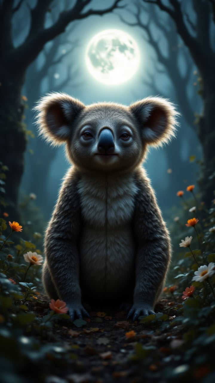 natural lighting, film camera, a koala, with his distinctive brown fur and long black hair, stands tall in the middle of a fairy ring under the moonlight. His eyes are closed as he gazes out at the world below. Ambient lighting, cinematic lighting, aidmafluxpro1.1