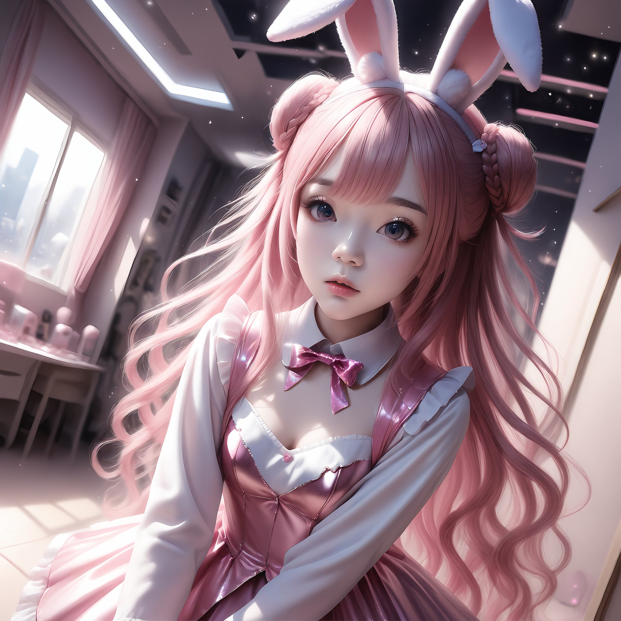 realistic, photo realrabbit ears,double bun,braided bun,wavy long hair,short pointy_ears,pink hair,diagonal angle,room, action view,glitter,detailed lighting,