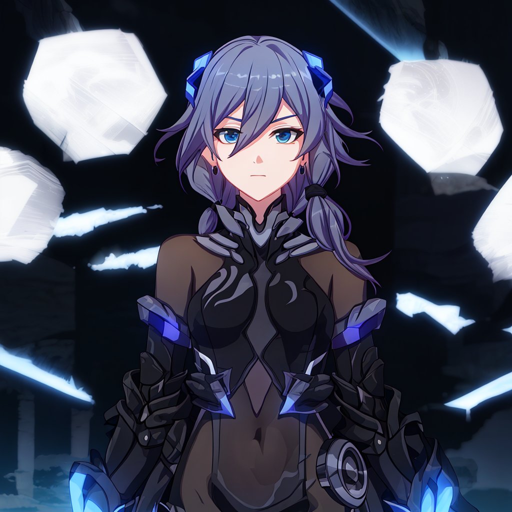 hair ornament, plugsuit, armor, hair scrunchie, bodysuit, thighhighs, black bodysuit, horns, fu hua, elbow gloves, hair between eyes, leotard, very long hair, braid, gloves, mecha, long hair<lora:符华-月轮-2.0:0.8>