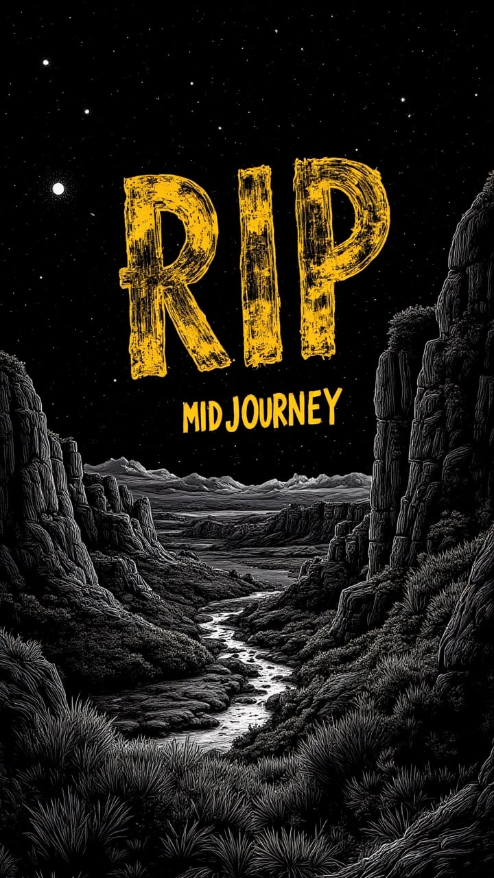 Bioluminescent Poster with Text:"RIP Midjourney", landscape of a Accomplished Elevating Mesa Verde National Park, inside a Biopunk New Zealand, Stars in the sky, American Expressionism, BW, in the style of Composition with Red Robotic and Yellow, monochromatic, midjourneyv6.1