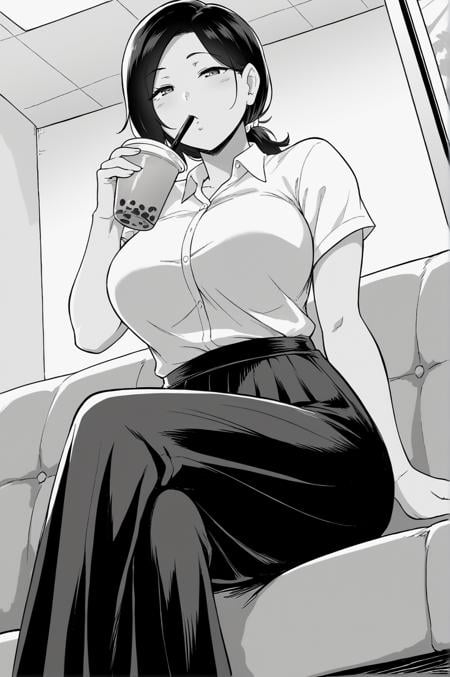 score_9, score_8_up, score_7_up, monochrome, manga_source, best background, detailed background, manga, grayscale   Michiru, collared shirt, long skirt, short sleeves, cowboy shot, horny, naughty face, dynamic angle, dynamic camera, indoors, drinking, bubble tea, sitting, crossed legs, <lora:JN_Michiru:0.8>