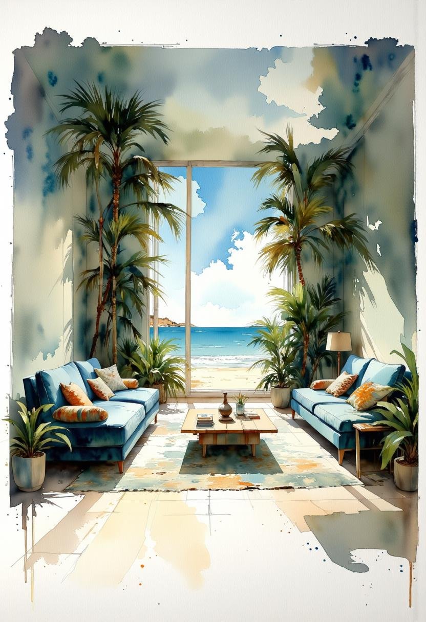 A watercolor painting of a living room with a large window that offers a beautiful view of the ocean. The room is filled w...