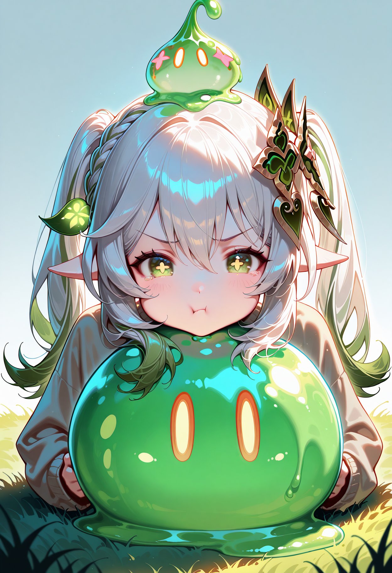 {{{nahida (genshin impact)}}}, twintails, on_head, slime, slimel_on_head, green slime, solo, looking_at_viewer, long_hair, grass,leaf,slime_on_head, head_rest, animal, simple_background, grey_background, :t, long_sleeves, hair_between_eyes, upper_body, grey_shirt, shirt, pout, bangs, closed_mouth, sweater, english_text , best quality,amazing quality,very aesthetic,absurdres,masterpiece,