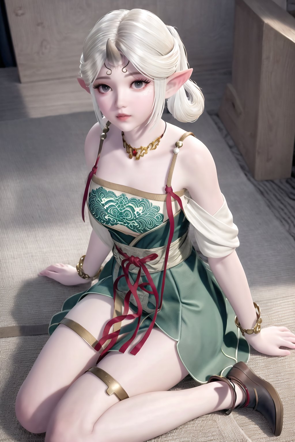 (8k, RAW photo, best quality, masterpiece:1.2),(realistic, photorealistic:1.3), ultra-detailed, extremely detailed cg 8k wallpaper,(crystalstexture skin:1.2), extremely delicate and beautiful, pointy_ears, 1girl, elf, solo, thigh_strap, jewelry, necklace, bare_shoulders, simple_background,(full shot), (breasts, medium breasts,  cleavage), looking_at_viewer, sitting, full body, 