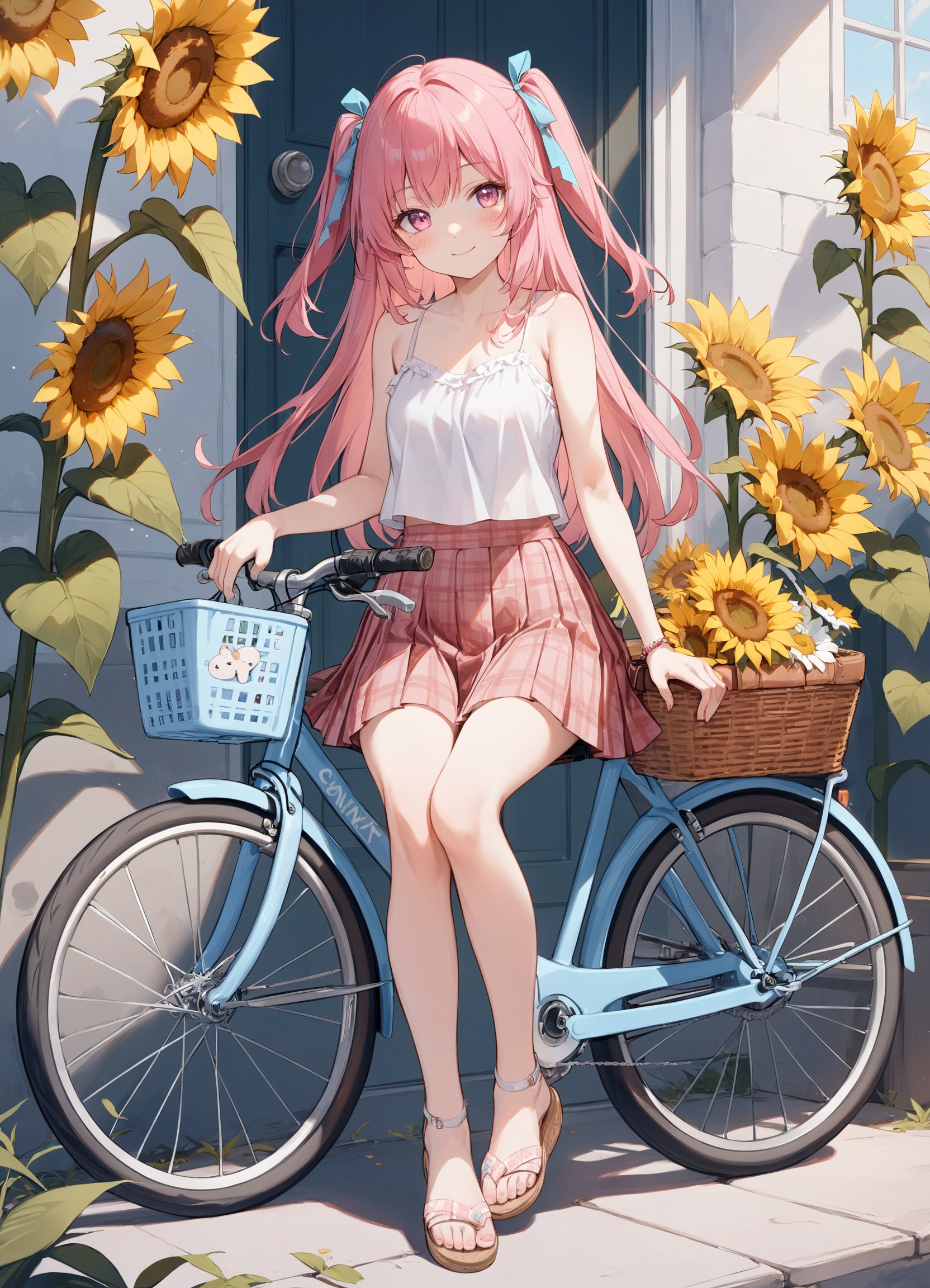 1girl, solo, flower, skirt, sandals, bicycle, ground vehicle, plaid skirt, two side up, sunflower, long hair, plaid, bare legs, looking at viewer, blush, bag, legs, pink hair, bare shoulders, pleated skirt, pink eyes, sitting, red hair, camisole, smile, full body, bicycle basket, hair ribbon