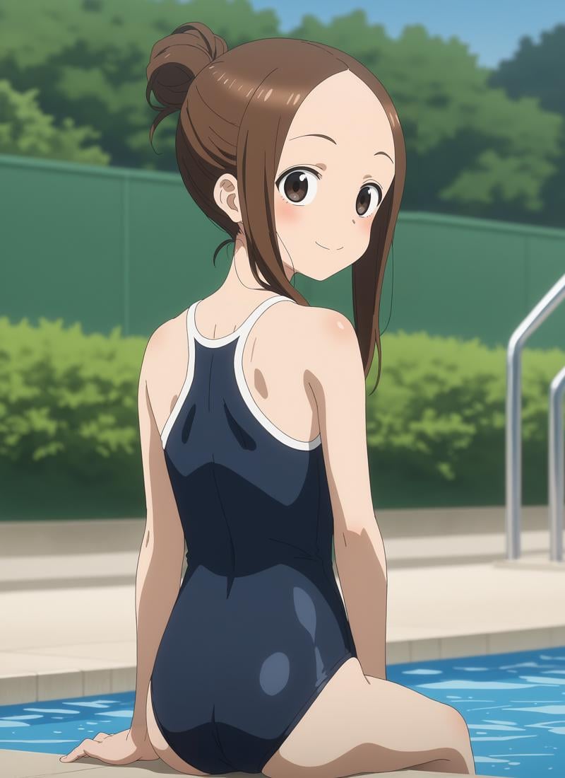 anime screencap, score_9, score_8_up, score_7_up, source_anime BREAK best quality, ((masterpiece)), highly detailed, ultra-detailed, (illustration), (beautiful detailed eyes) BREAK takagi-san, 1girl, solo, hair up, hair bun, outdoors, pool, poolside, day BREAK blue one-piece swimsuit, school swimsuit, from behind, soaking feet, sitting, arm support, looking back, looking at viewer, closed mouth, smile <lora:takagi-san_v1.0:0.9>