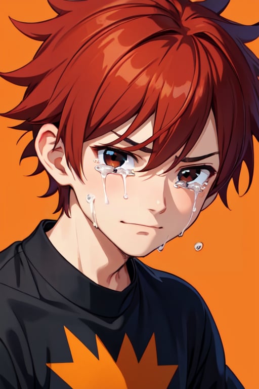 1boy,black eyes,red hair,black shirt,close-up,crying,crying with eyes open,expressionless,face,frown,looking at viewer,male focus,orange background,shirt,smile,solo,spiked hair,tears,upper body,