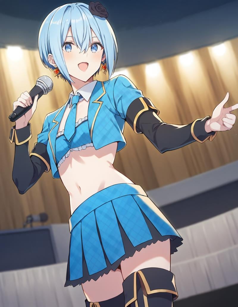 score_9, score_8_up, score_7_up, source_anime, BREAK1girl, solo, looking at viewer, blurry background, dutch angle, on stage, stage lights, small breasts, crowd, dark, singing, holding microphone, open mouth, coulia nokiel, short hair, blue hair, hair between eyes, blue eyescoulia outfit 1, hair flower, earrings, white collared shirt, crop top, blue necktie, checkered clothes, blue jacket, open jacket, layered sleeves, short over long sleeves, midriff, gold trim, blue pleated skirt, black thigh boots,<lora:noa_anime_v2-soralz:1>