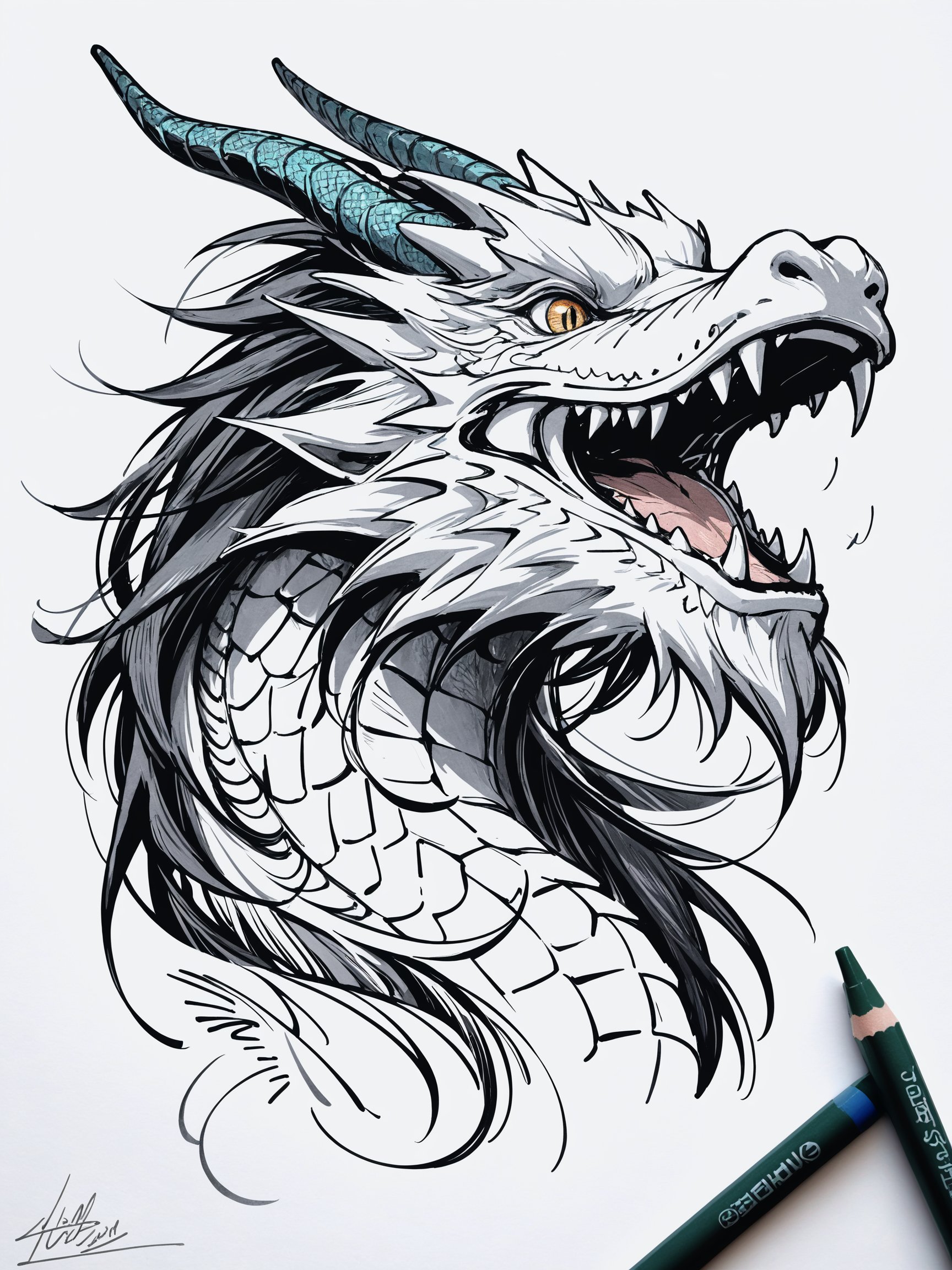 Hand-drawn sketch, illustration,chinese dragon, pencil crayon texture, expressive eyes,animal portrait, sketchy lines, headshot,  much details, art design, white background, design artwork,signature,realistic, 